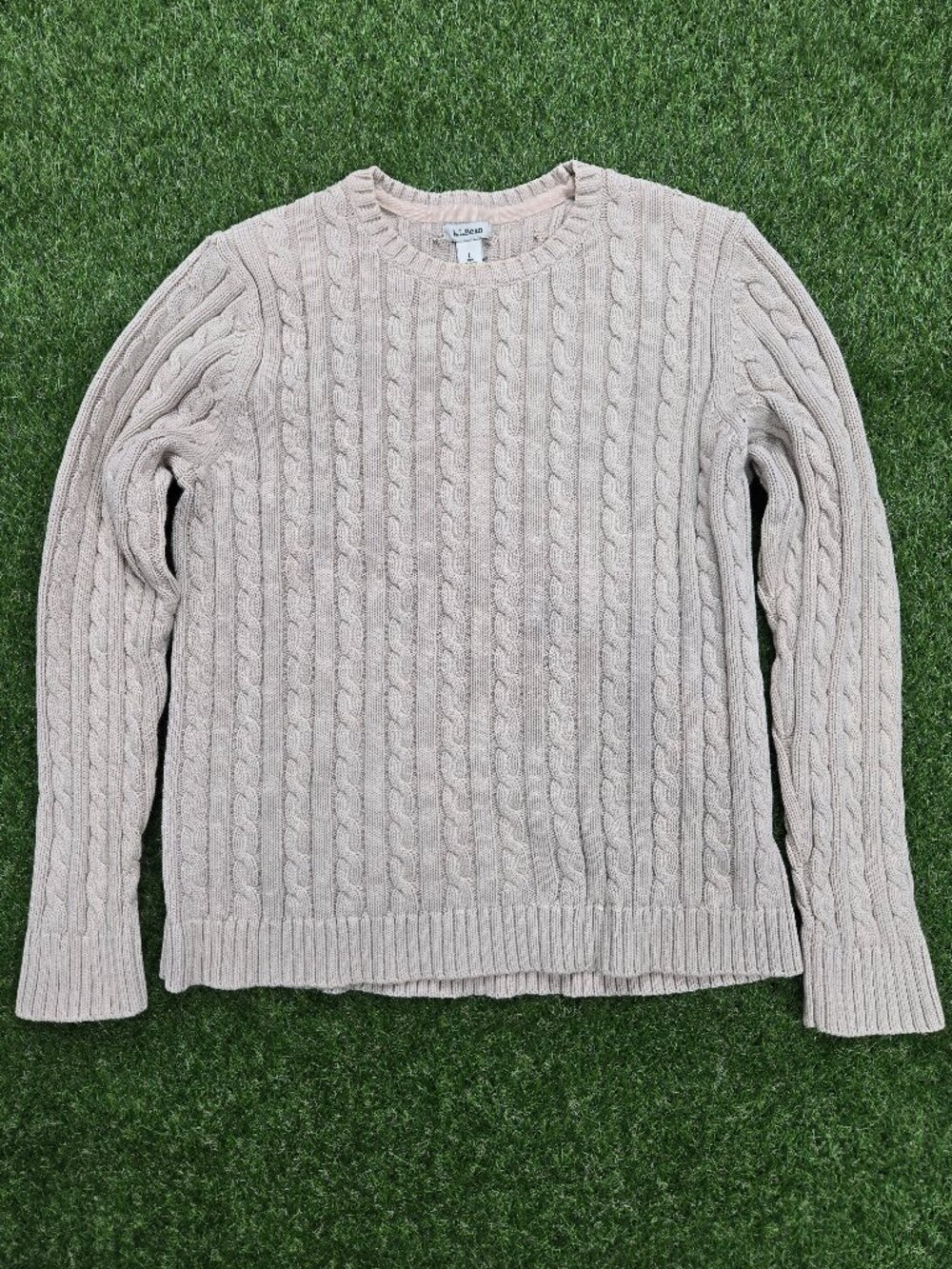 LL Bean Cable Knit Sweater Womens Large Beige Cream Fisherman Pullover Cotton
